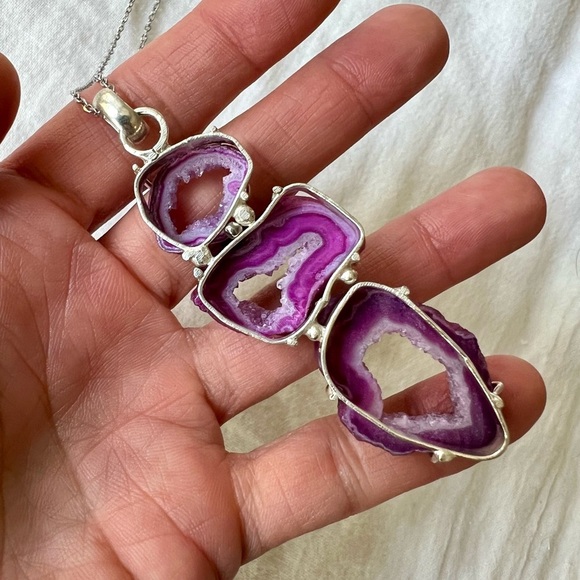 925 Triple Pink Micro Crystal Window Quartz Necklace Pendant - Picture 6 of 10